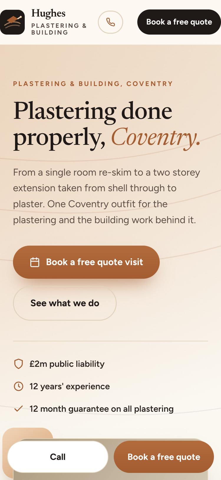 The top of an example Kerbsites website for a plastering firm, on a phone, with a Book a free quote visit button