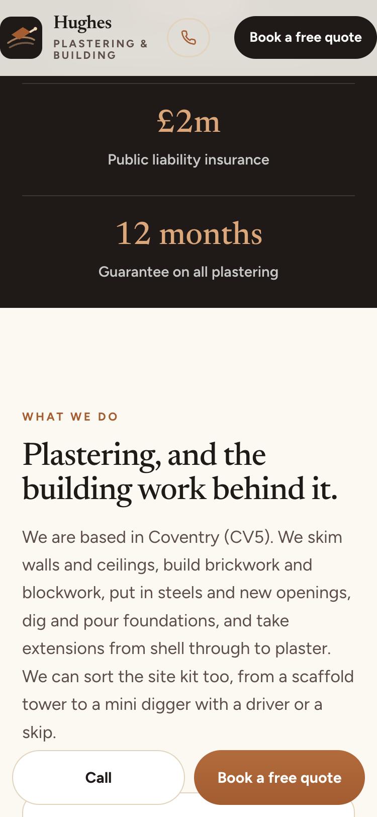 Further down the same example site: its insurance and guarantee, and what the firm does